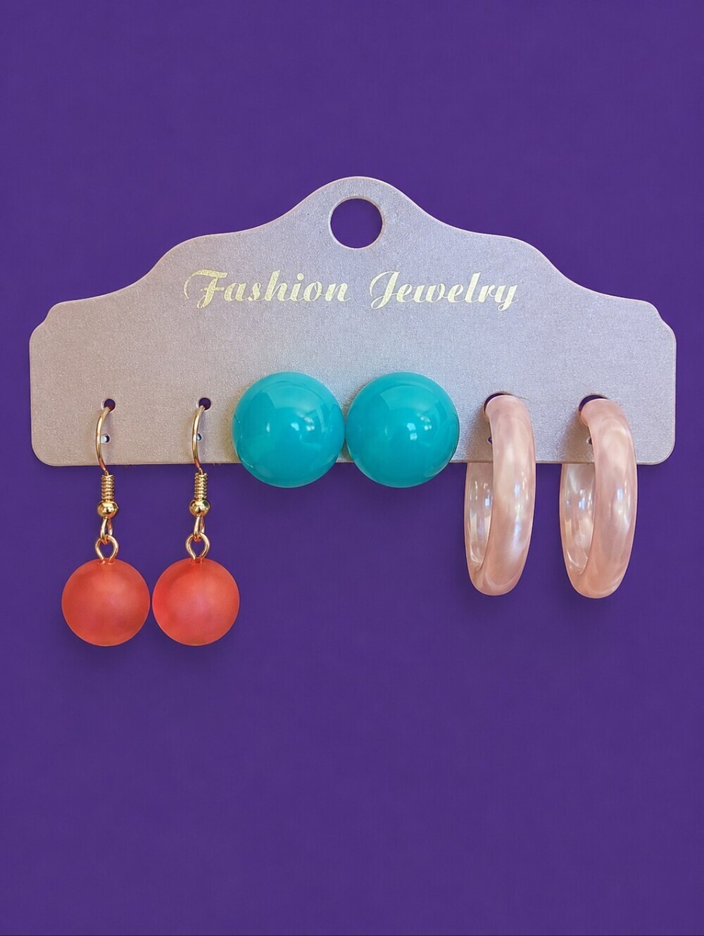 VTG Three Pair Hoop Post and Dangle Acrylic Moonglow Mod Candy Pink Earrings